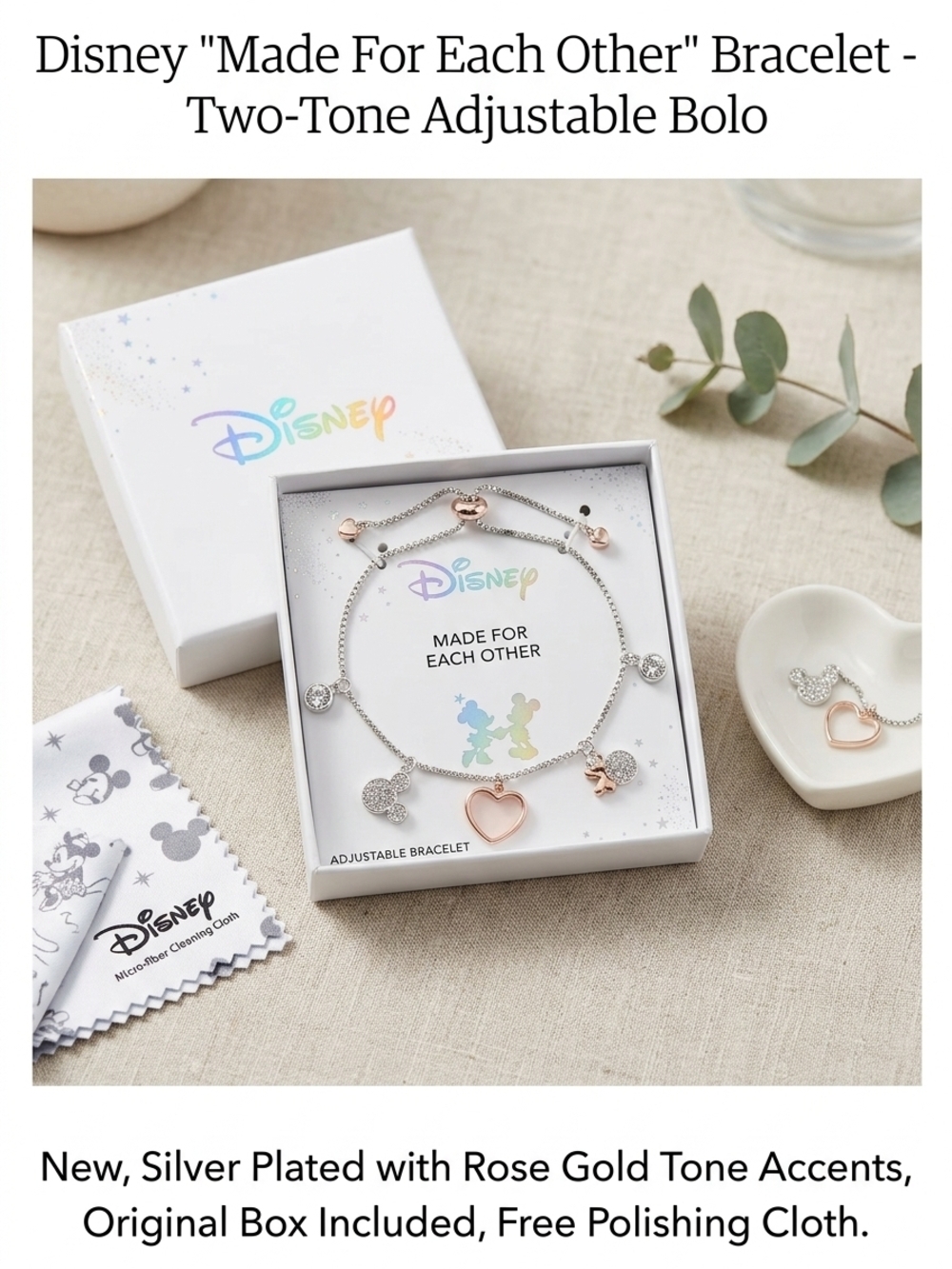 Disney Two-Tone Silver and Rose Gold 'Made For Each Other' Charm Bracelet